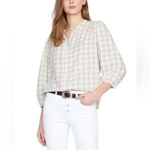 Sanctuary Evelyn Plaid Button Front Blouse Neutral Gingham Check Top Size Small